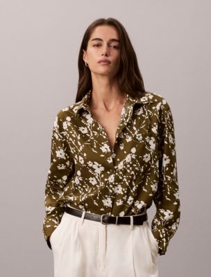 Lyocell Stripe Classic Button-Down Shirt, Splatter Floral Dark Olive Tofu