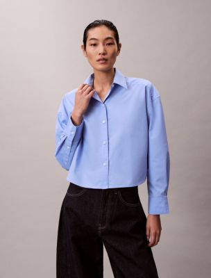 Poplin Cropped Relaxed Button-Down Shirt, Hydrangea