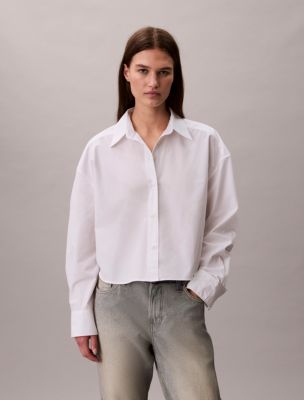 Poplin Cropped Relaxed Button-Down Shirt, Brilliant White