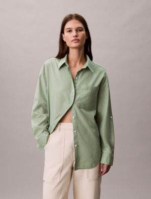 Linen Cotton Roll Tab Button-Down Shirt, Basil