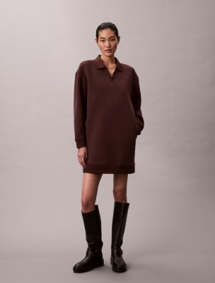 Smooth Mini Polo Sweatshirt Dress, Rich Brown