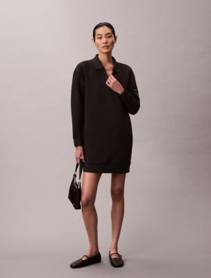 Smooth Mini Polo Sweatshirt Dress, Black