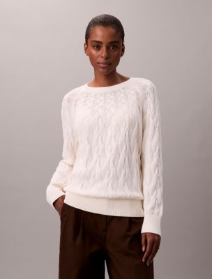 Cable Knit Sweater, White Greige