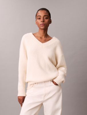 Wool Blend Boucle V-Neck Sweater, Tofu
