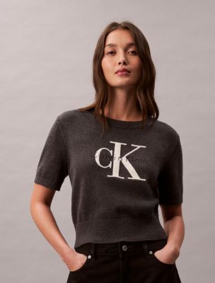 Embroidered Monologo Short Sleeve Sweater, Charcoal Heather