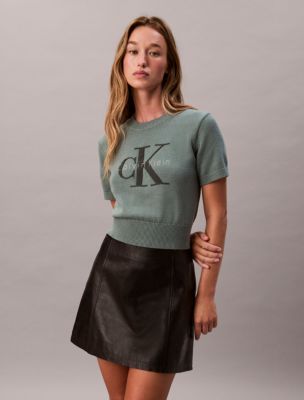 Embroidered Monologo Short Sleeve Sweater, Autumn Green