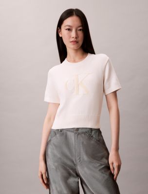 Embroidered Monologo Short Sleeve Sweater, White Greige