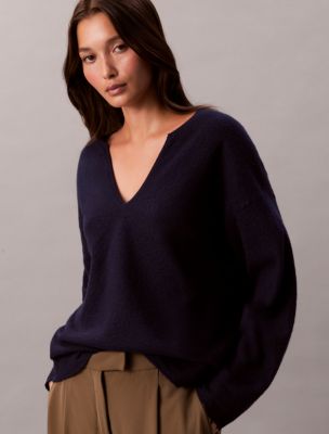Merino Wool Relaxed V-Neck Sweater, Maritime Blue