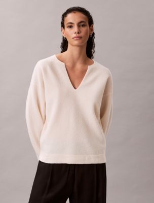 Merino Wool Relaxed V-Neck Sweater, White Greige