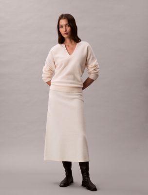 Merino Wool Midi Skirt, White Greige