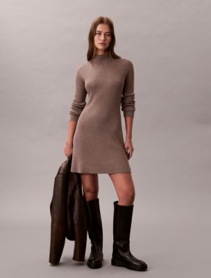 Smooth Cotton Rib Turtleneck Mini Dress, Camel Melange