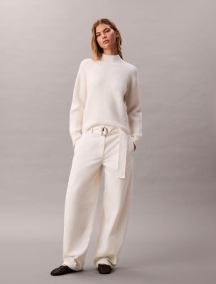 Cotton Belted Pants, White Greige