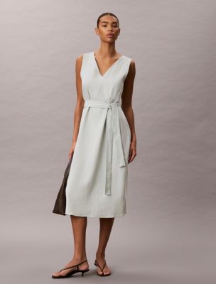 Linen Blend V-Neck Sleeveless Belted Dress, Pale Meadow