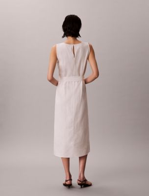 Linen Blend V-Neck Sleeveless Belted Dress | Calvin Klein USA