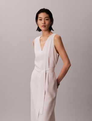 Linen Blend V-Neck Sleeveless Belted Dress | Calvin Klein USA