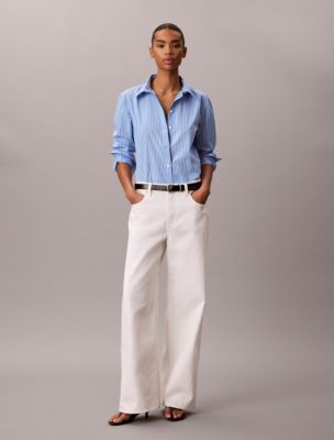 Женские рубашки Calvin Klein Cotton Poplin Emblem Logo Stripe Button-Down Shirt — фото 2