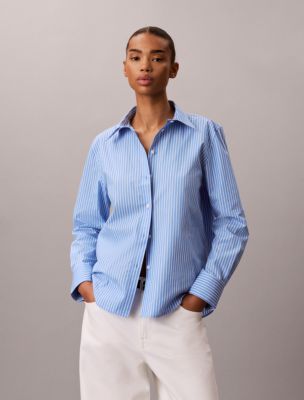Женские рубашки Calvin Klein Cotton Poplin Emblem Logo Stripe Button-Down Shirt — фото 5