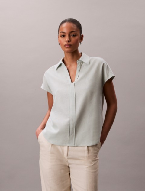 Женские рубашки Calvin Klein Linen Blend Short Sleeve Classic Shirt