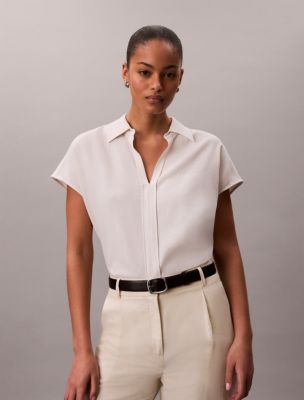 Linen Blend Short Sleeve Classic Shirt, White Sand