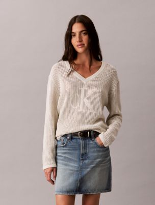 Smooth Cotton Relaxed Monogram Sweater, Chalk