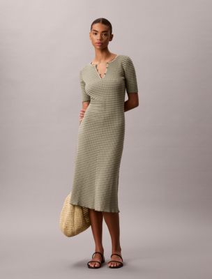 Cotton Rayon Stripe Midi Dress, Deep Lichen Green