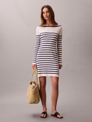 Stripe Long Sleeve Rib Mini Dress, Steel Beams Stripe