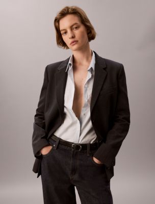 Worsted Wool Blend Belted Blazer, Charcoal