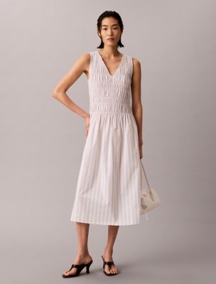 Cotton Poplin Midi Dress, Dusty Sailor Blue Accent Stripe