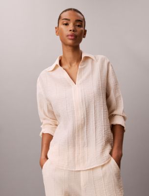 Textured Stripe Sheer Button-Down Shirt, Mother Of Pearl