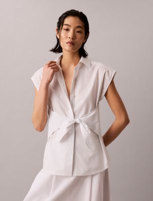 Cotton Poplin Tie Button-Down Shirt, Brilliant White