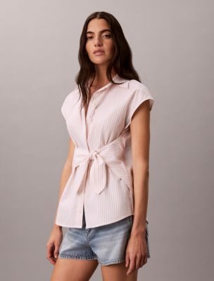 Женские рубашки Calvin Klein Cotton Poplin Stripe Tie Button-Down Shirt — фото 2
