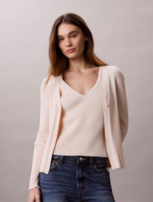 Cotton Rib Cardigan and Tank Set, Mother Of Pearl
