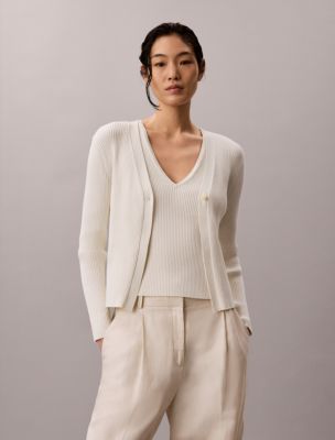 Cotton Rib Cardigan and Tank Set, Tofu