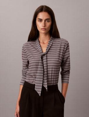 Printed Scarf Neck Long Sleeve Top, Iron