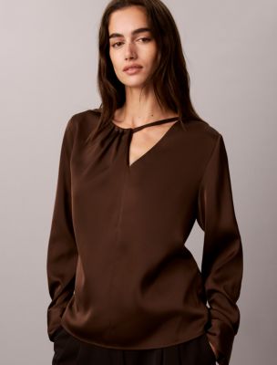 Женский топ Calvin Klein Satin Asymmetrical Long Sleeve Top, цвет: Коричневый — фото 5