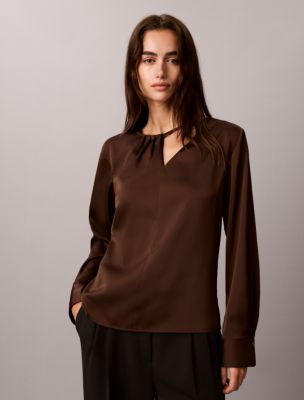 Satin Asymmetrical Long Sleeve Top, Brown Cork