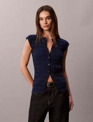 Tech Knit Checkered Rib Cardigan, Estate Blue