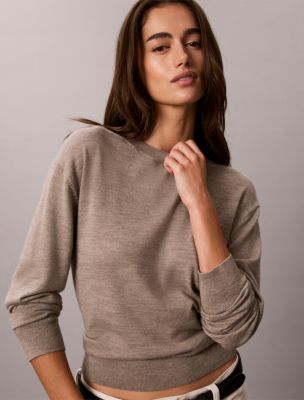 Merino Wool Blend Crewneck Sweater, Oatmeal Melange