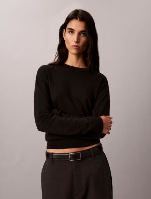 Merino Wool Blend Crewneck Sweater, Black