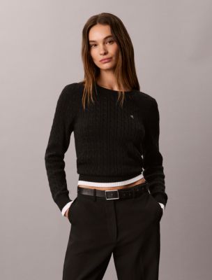Cable Knit Tipping Crewneck Sweater, Black