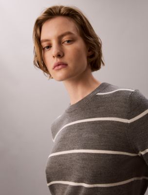 Женский свитер Calvin Klein Extra Fine Merino Blend Striped, цвет: Серый меланжевый полосатый — фото 2