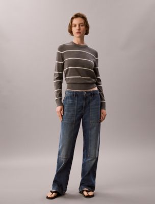 Женский свитер Calvin Klein Extra Fine Merino Blend Striped, цвет: Серый меланжевый полосатый — фото 3