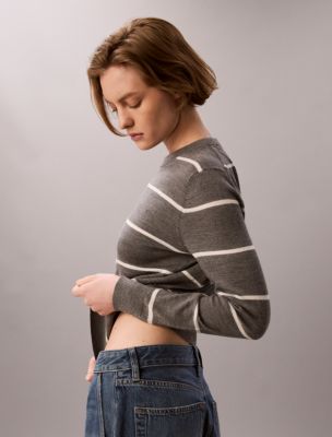 Женский свитер Calvin Klein Extra Fine Merino Blend Striped, цвет: Серый меланжевый полосатый — фото 6