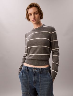 Extra Fine Merino Blend Striped Sweater, Grey Heather Stripe