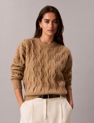 Wool Blend Cable Knit Sweater, Tigers Eye Melange