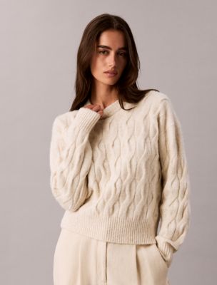 Wool Blend Cable Knit Sweater, Turtledove Melange