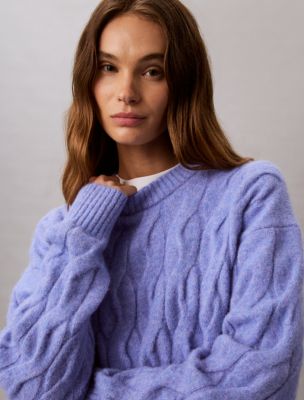 Wool Blend Cable Knit Sweater, Violet Heather