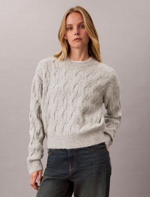 Wool Blend Cable Knit Sweater, Grey Heather