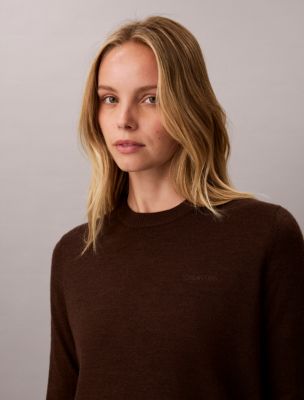 Женский свитер Calvin Klein из тонкой мериносовой шерсти с круглым вырезом, цвет: Коричневый меланжевый — фото 2