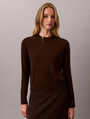 Женский свитер Calvin Klein из тонкой мериносовой шерсти с круглым вырезом, цвет: Коричневый меланжевый — фото 1